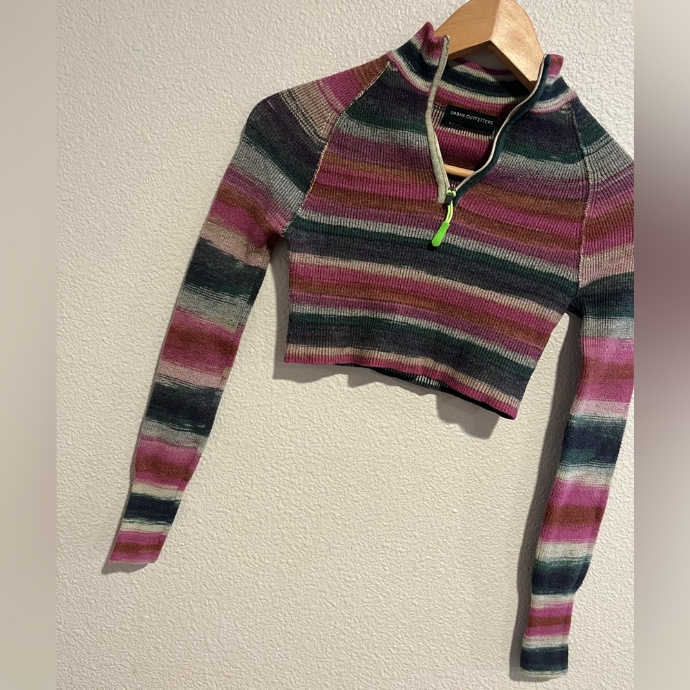 Urban Outfitters Lexi Cropped Viscose Blend Half Zip Sweater Top Striped Small - Picture 4 of 13